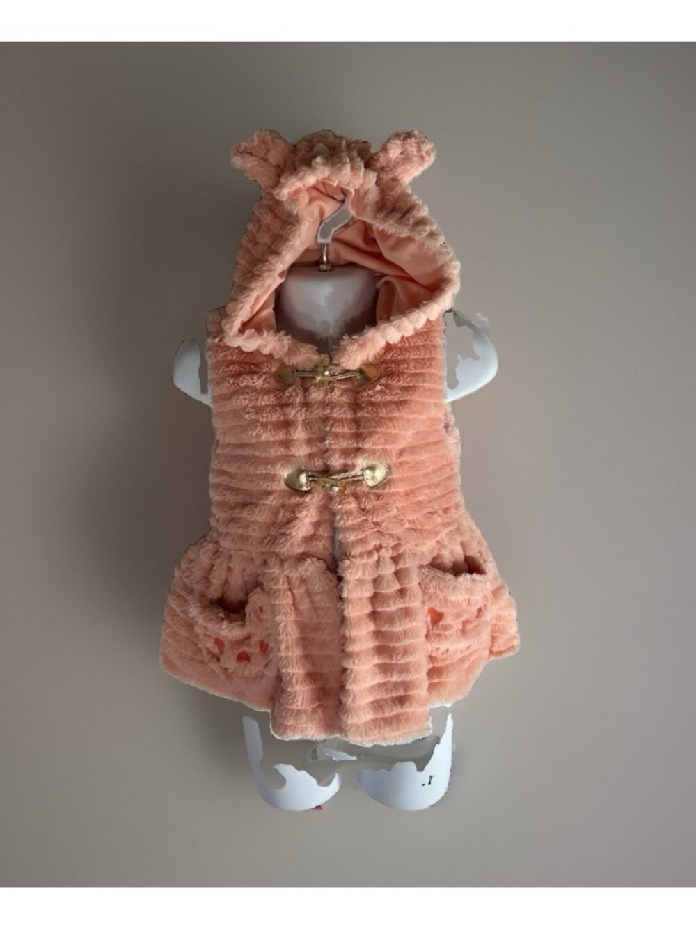 Little Lass Girls Size 3T Pink Faux Fur Hooded Sleeveless Winter Vest w/Cat ears